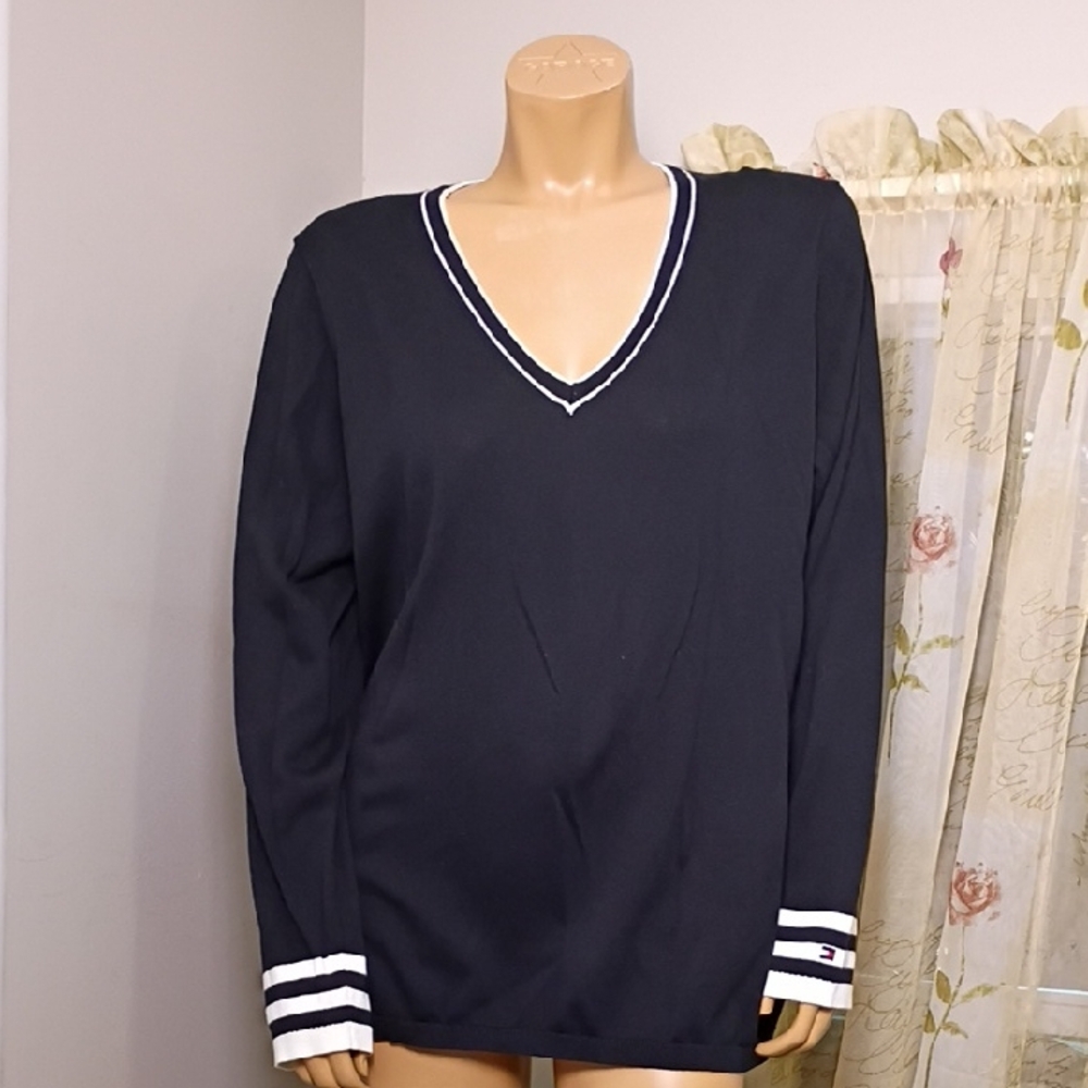 Tommy Hilfiger Black Sweater‎ with Red and White Trim